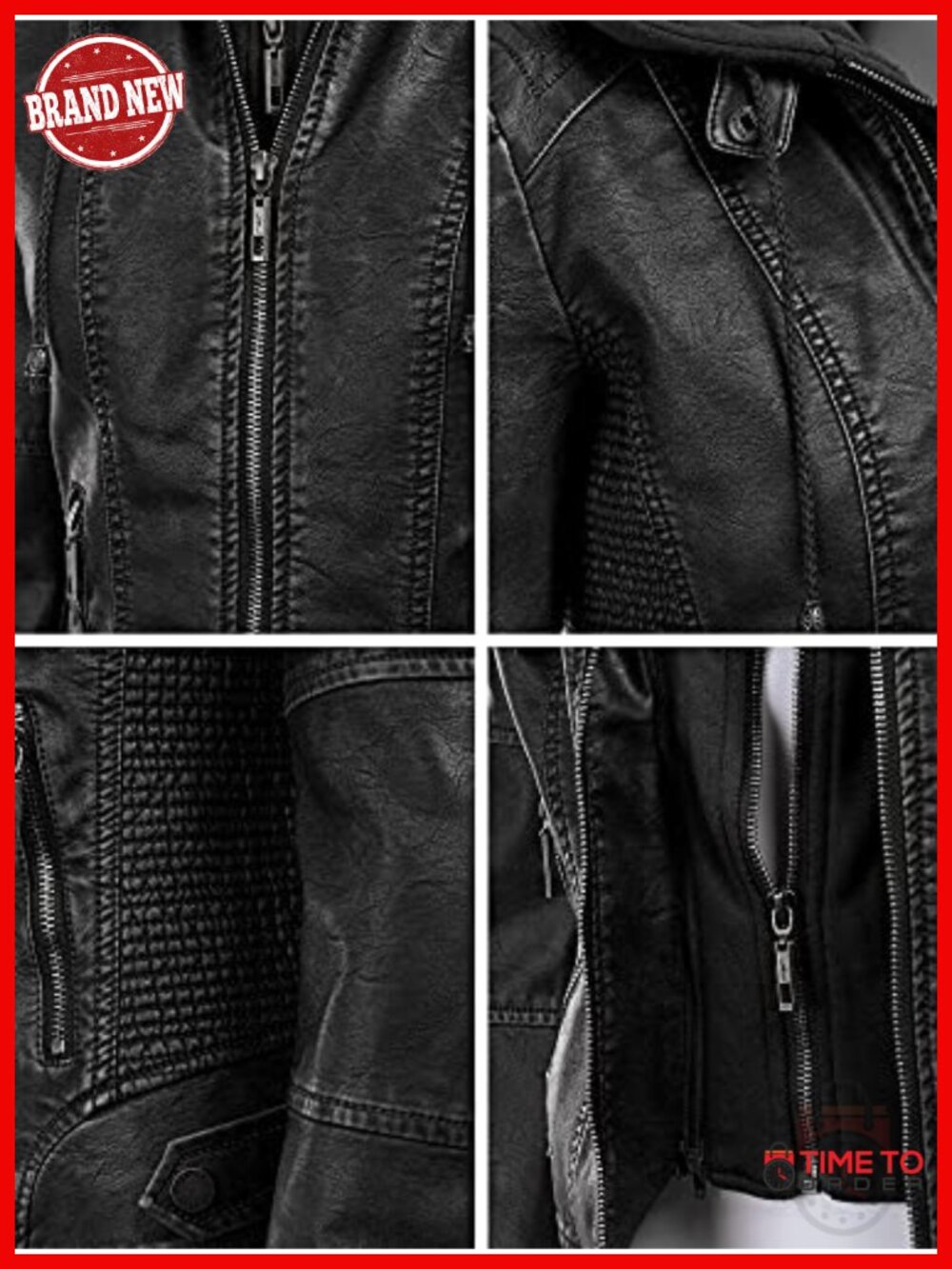 Faux Leather Moto Biker Jacket Coat with Removable Hood - Picture 5 of 6